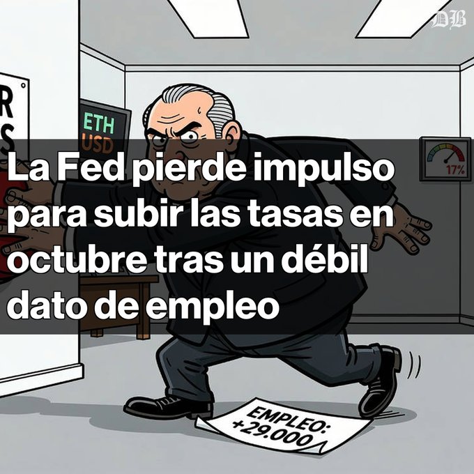 A political cartoon of a man slipping on a paper labeled 'EMPLEO: +29.000' with Spanish text reading 'La Fed pierde impulso para subir las tasas en octubre tras un débil dato de empleo'.