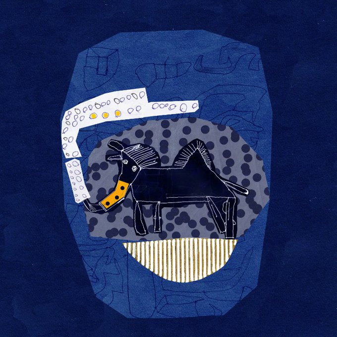 A mixed-media collage artwork featuring a stylized black horse with a yellow mane on a polka-dotted background, set against a deep blue backdrop with abstract shapes.