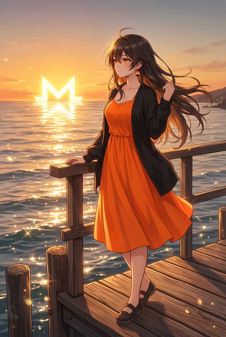 An anime-style illustration of a girl in an orange dress and black cardigan standing on a wooden dock at sunset, with a glowing "M" symbol on the horizon.