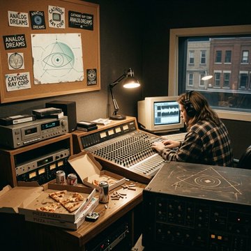 A person works at a mixing console in a dimly lit studio with a CRT monitor, surrounded by posters reading "ANALOG DREAMS" and "CATHODE RAY CORP." The scene evokes grassroots creativity and analog craftsmanship, mirroring the post's message about building thriving ecosystems and flywheels through community-driven growth and capital investment.