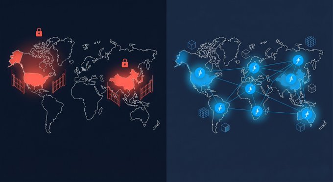 In the image, there are two separate color illustrations depicting different approaches to geographical data analysis and computing using technology. The left illustration shows a world map with a red border and labeled continents. The right illustration features a digital representation of the Earth that is interconnected by lines of power distribution from Asia to North America through blue squares, each labeled with the amount of data flow between them (34% in this case).

The post highlights two tech giants competing for dominance in the spatial computing market. One company is developing 3D maps and digital twins that are built on centralized servers, while the other focuses on using open web infrastructure to power the global internet space. These two approaches present a unique perspective on how we can harness technology to expand our understanding of the world around us.