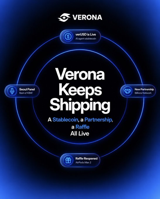 Verona announcement 'Verona Keeps Shipping' highlighting four updates: verUSD stablecoin live, Seoul Panel (Best of KBW), New Partnership with Billions Network, and AirPods Max 2 Raffle Reopened.