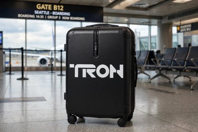 A black suitcase with the word 'TRON' printed in white sits in an airport terminal near Gate B12, with a Seattle boarding sign and an airplane visible through the window.