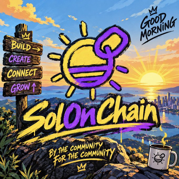 A vibrant illustrated poster for 'SolOnChain' featuring a sun logo and signpost reading 'Build, Create, Connect, Grow,' with the tagline 'BY THE COMMUNITY FOR THE COMMUNITY,' set against a sunrise cityscape.