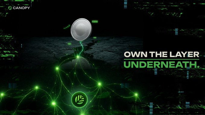 A dark promotional graphic for 'Canopy' with the tagline 'OWN THE LAYER UNDERNEATH,' featuring a green network node design with a coin icon.