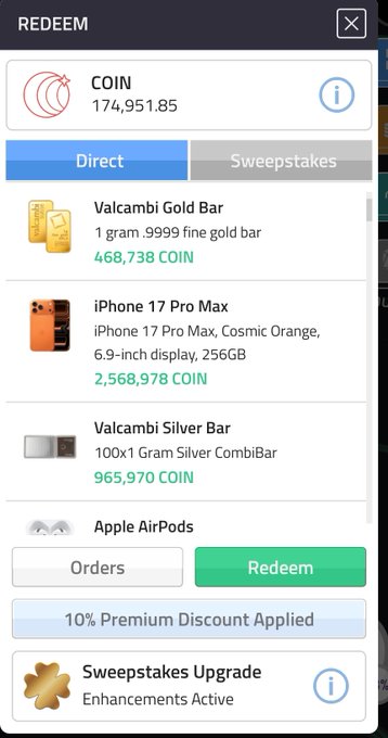 A mobile app redemption screen shows a COIN balance of 174,951.85 and lists redeemable items including a Valcambi Gold Bar (468,738 COIN), iPhone 17 Pro Max in Cosmic Orange (2,568,978 COIN), Valcambi Silver Bar (965,970 COIN), and Apple AirPods, with a '10% Premium Discount Applied' note.