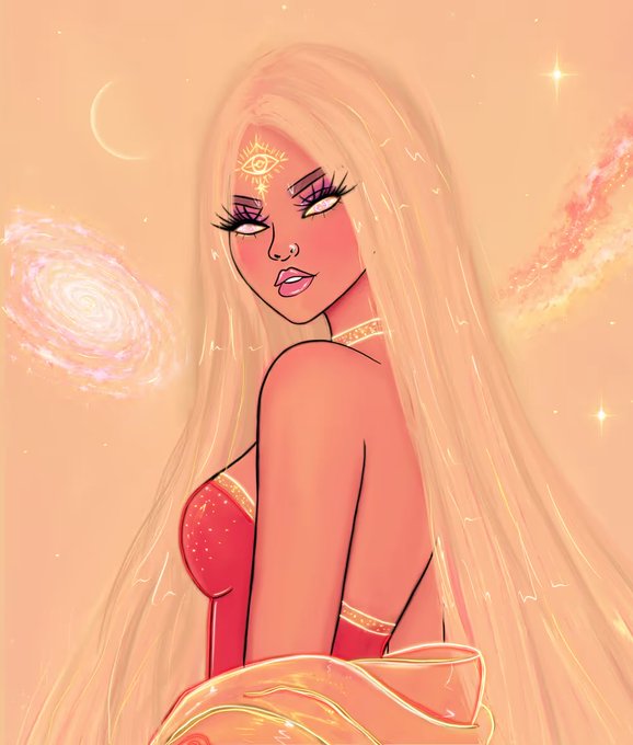 A stylized digital illustration of a blonde woman with an eye symbol on her forehead, wearing a red dress against a peachy background featuring a crescent moon, stars, and a swirling galaxy.