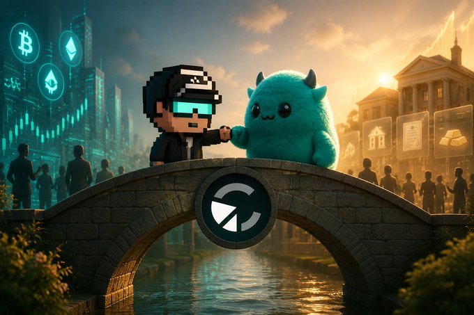 A digital artwork depicting a pixelated character with VR-style goggles shaking hands with a small teal horned creature on a stone bridge featuring a circular crypto logo, with cityscapes and crypto symbols in the background.