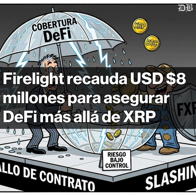 A cartoon-style illustration with Spanish text stating 'Firelight recauda USD $8 millones para asegurar DeFi más allá de XRP,' showing characters sheltering under an umbrella labeled 'COBERTURA DeFi' with XRP and BTC coins floating nearby.