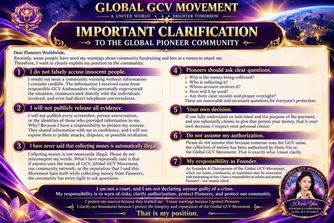 A 'Global GCV Movement' official announcement poster titled 'Important Clarification' addressed to the Global Pioneer Community, containing 7 numbered points addressing concerns about community fundraising, signed by Doris Yin.