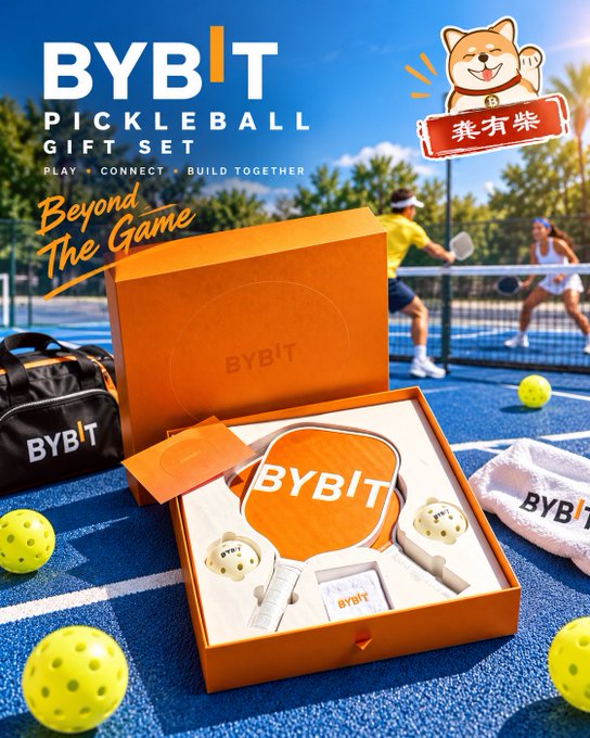 An advertisement displays an orange "BYBIT PICKLEBALL GIFT SET" containing paddles and balls on a blue court, featuring a Shiba Inu dog and Chinese characters that translate to "Come get rich".