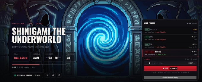 A dark-themed web interface for 'SHINIGAMI THE UNDERWORLD' displays a swirling blue portal, mint statistics, and a 'MINT' button with a price of '0.1 SOL'.