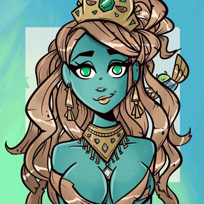 A digital illustration of a blue-skinned woman with brown hair, green eyes, and a gold crown, wearing gold jewelry against a blue and white background.