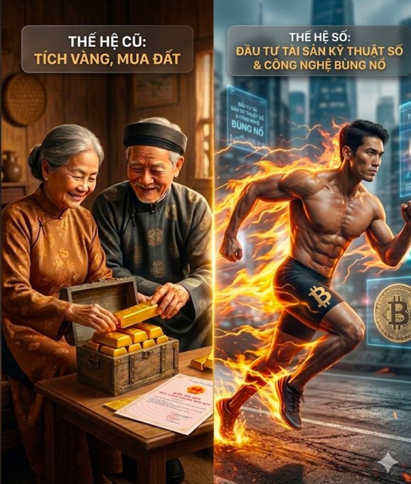 The image features a man running with a box of gold coins, while an older woman watches him. The scene takes place in front of a building, adding depth to the composition. The text "The He Cu: Tich Vanng Mua Dau Tiàn sánky Thúgh Sáng là cơ hội mới bằng công nghện đó là sản - đó là sản - đó là sản" is present, which might be a description of the scene or an artist's signature.