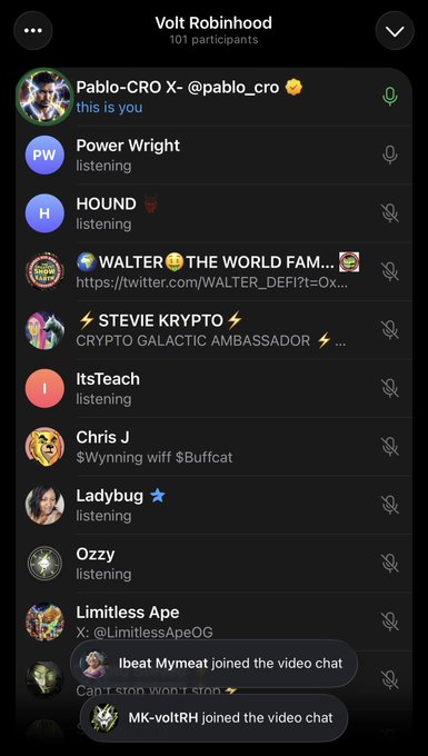 A Twitter Spaces (now X Spaces) interface titled 'Volt Robinhood' with 101 participants, listing users like Pablo-CRO X, Power Wright, HOUND, WALTER, STEVIE KRYPTO, and others who are 'listening' or have their mics off.