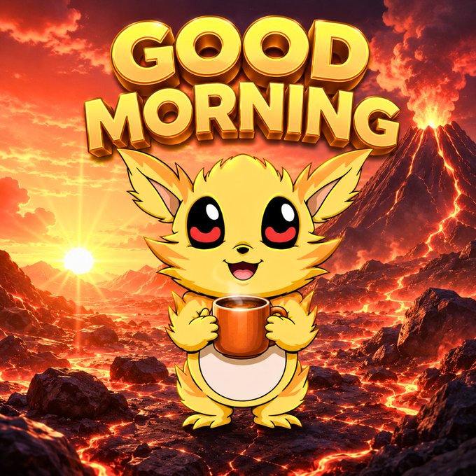A 'GOOD MORNING' graphic featuring a cute yellow creature holding a coffee mug, set against a dramatic volcanic landscape with lava and a sunset.