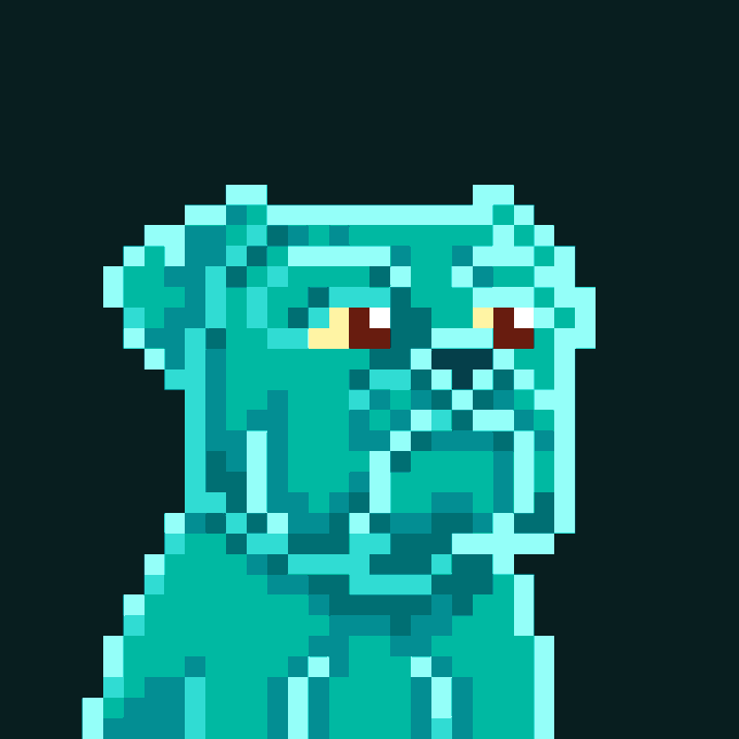 A pixel art character with teal skin and glowing yellow and red eyes stares forward against a dark background.