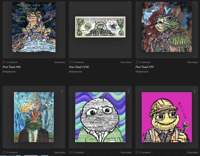 A screenshot of a digital art gallery displaying six NFT artworks titled 'Poet Toad #46', 'Poet Toad #100', 'Poet Toad #99', and others by the artist @degenpoet.