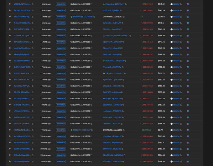 A dark-themed blockchain transactions dashboard displaying multiple transfer records on GWE...MAIN_LLAWNCE, showing various transaction hashes, timestamps, addresses, and amounts ranging from approximately 1,219 to 1,799, with a notable green-highlighted transaction of +33.809565.