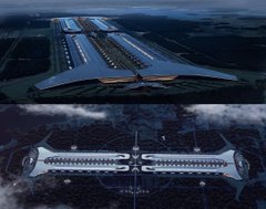 An aerial view showcases a futuristic, wing-shaped airport terminal design with a central runway, paired with a digital rendering of a sleek spacecraft, reflecting the forward-looking vision associated with the #RACA hashtag.