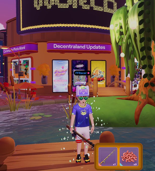 A screenshot from a virtual world game showing an avatar wearing a cat-eared hat holding a fishing rod, with "Decentraland Updates" and "FFRacer" banners visible, and inventory showing a fishing rod and 9 worms.