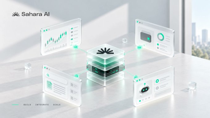A promotional graphic for 'Sahara AI' showing a central transparent cube connected to floating dashboard panels displaying charts and data, with the tagline 'BUILD INTEGRATE SCALE.'