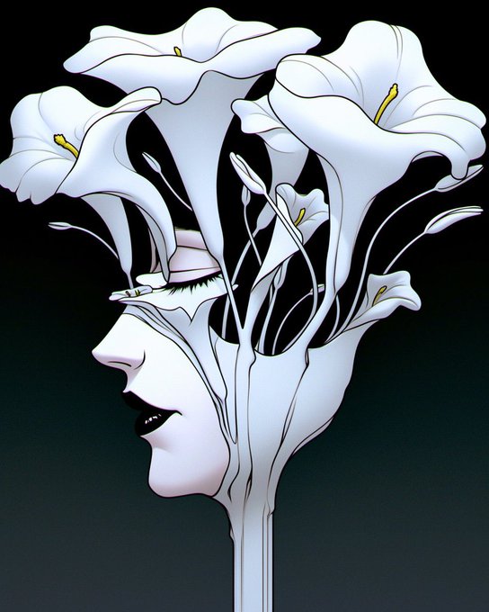 An artistic digital illustration features a woman's face in profile silhouette, with calla lilies and flowing botanical lines extending from her head and body against a black background.