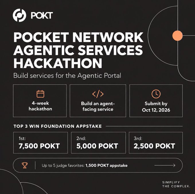 A promotional graphic for the 'POCKET NETWORK AGENTIC SERVICES HACKATHON', a 4-week hackathon to build services for the Agentic Portal, with a submission deadline of October 12, 2026, and top prizes of 7,500 POKT for 1st place, 5,000 POKT for 2nd, and 2,500 POKT for 3rd.