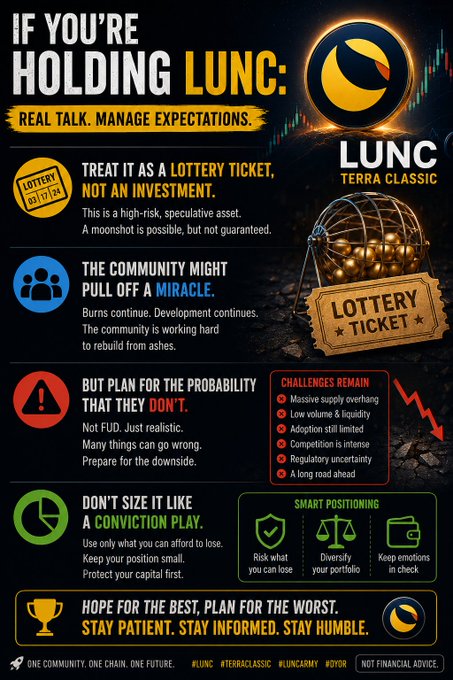 An infographic titled 'IF YOU'RE HOLDING LUNC: REAL TALK. MANAGE EXPECTATIONS.' featuring the Terra Classic LUNC logo and a 'LOTTERY TICKET' ticket, with advice on treating it as a speculative asset, expecting the community miracle, and planning for downsides.