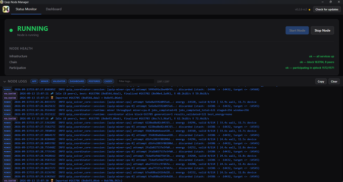 Dapp Node Manager showing a Solana node in 'RUNNING' status, displaying node health metrics (all services up, block 162706.8, participating in attestation) and a list of validator logs indicating successful block finalization.