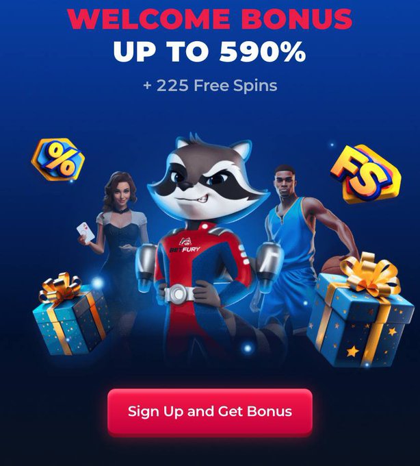An advertisement banner offering a 'WELCOME BONUS UP TO 590% + 225 Free Spins' with cartoon characters including a raccoon and a basketball player, with a 'Sign Up and Get Bonus' button.