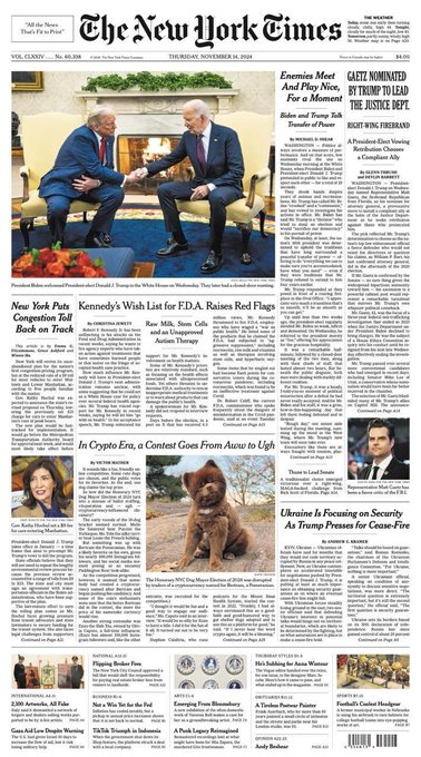 The front page of The New York Times newspaper from Thursday, November 14, 2024, featuring headlines about Pritzker at the White House, the Justice Department, and Ukraine.