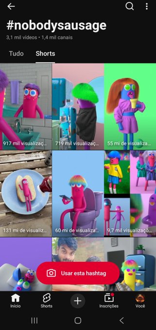 A YouTube Shorts search page for '#nobodysausage' showing various claymation-style sausage character videos with high view counts in the millions.
