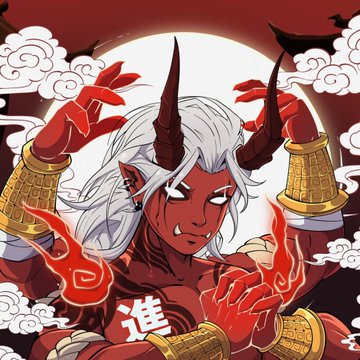 The image depicts a red-skinned, white-haired demonic character with horns and golden bell-adorned arms, surrounded by flames, clouds, a crow, and a red sun, with the Japanese kanji "進" (meaning "advance/progress") visible at the bottom—thematically aligning with the post's announcement of a giveaway raffle ("Raffles already live") for the Shinka GTD project.