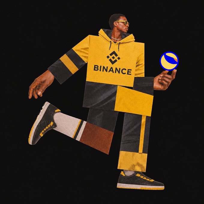 In the image, there's a man wearing a yellow and black outfit with brown shoes holding a blue and white ball. The background is black, which contrasts with the colorful attire of the man. The caption reads "The dynamic between Binance and Terra Luna Classic remains one of the most unique relationships in crypto". This statement highlights the uniqueness of their relationship and how it stands out within the world of cryptocurrency.