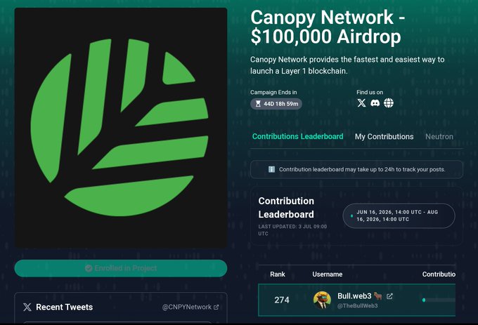 Canopy Network airdrop page advertising $100,000 in rewards for launching their Layer 1 blockchain, showing a contribution leaderboard with user 'Bull.web3' ranked 274th.