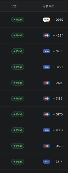 This is a list of successful payments shown in a dark interface, with statuses indicating "Paid" next to Visa, Mastercard, and Discover card numbers ending in various digits. The image relates to the post by showing that payments are functioning normally, despite the implied end of a previous payment solution.