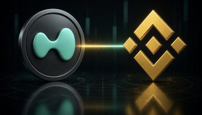 A stylized 3D graphic showing two cryptocurrency logos — a teal H-shaped token on a dark circular coin on the left and the gold Binance (BNB) logo on the right — connected by a glowing beam against a dark background with chart candlesticks.