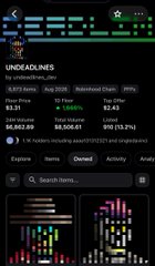 A mobile screenshot from the NFT analytics app shows the "UNDeadLines" collection with a floor price of 0.011 ETH, a 7-day average of 0.005 ETH, and a market cap of $8,882.89. The holder appears to have multiple NFTs from the collection listed in their queue, supporting the post's claim of unexpectedly discovering multiple hidden wallets containing free mint NFTs.