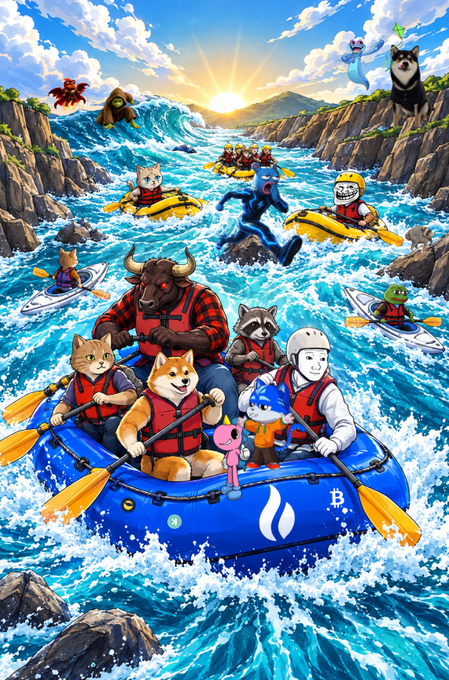 A vibrant, cartoon-style illustration depicts an adventurous river rafting scene where various anthropomorphic animals and characters navigate turbulent blue waters through a rocky canyon at sunset. In the foreground, a blue raft labeled with a "B" and Bitcoin symbol carries a diverse crew: a red-eyed bull in a plaid shirt, a Shiba Inu dog wearing an orange life vest, a Shiba Inu-style cat, a raccoon, a blue robot-like figure, a pink creature, and a person in a white helmet holding a paddle with a Bitcoin logo. Behind them, additional rafts hold a black cat, a smiling figure in a white helmet, a red creature, and other characters, while kayakers and a green-hooded figure paddle nearby. Rocky cliffs line the canyon, with a bear perched on the right cliff edge and a red monkey-like creature on the left, under a bright sun setting behind distant mountains. The accompanying post "second raft loading... who's missing? 👀" suggests the image