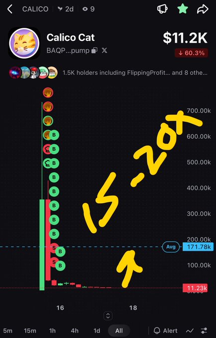 A mobile screenshot showing the 'Calico Cat' token ($11.2K) with a 60.3% decrease, featuring a chart with handwritten yellow text reading '15.20X' and an arrow pointing upward.
