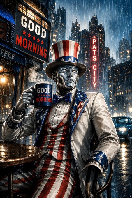 A metallic robot dressed as Uncle Sam, wearing a red-white-and-blue stars-and-stripes suit and top hat, holds a steaming mug reading "GOOD MORNING" outside a rainy diner with a "GOOD MORNING" marquee sign and a "PATS CITY" neon tower in the cityscape behind him—reflecting the post's "GM @PatriotsSolana" morning greeting as a patriotic wake-up call to keep winning.