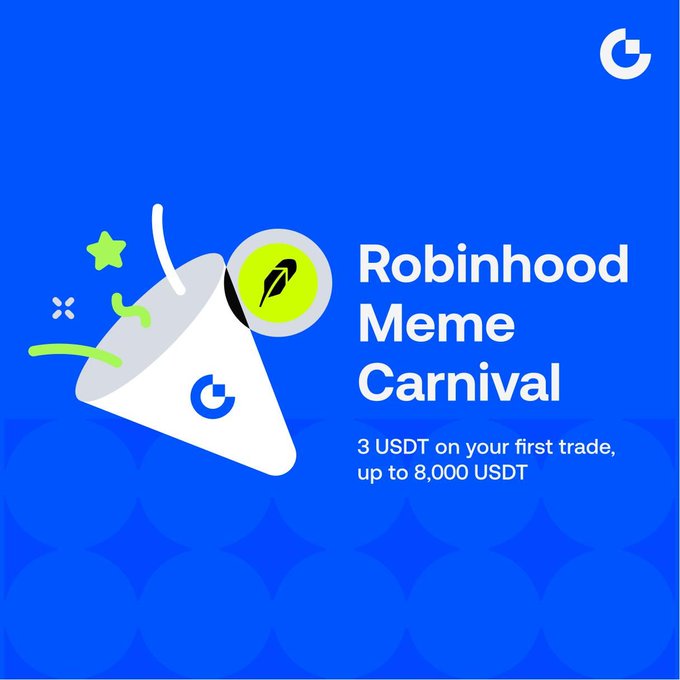 A promotional graphic for "Robinhood Meme Carnival" featuring a megaphone and feather pen design on a blue background, advertising "3 USDT on your first trade, up to 8,000 USDT" — matching the post's offer for new users trading Robinhood Meme Futures pairs like $CASHCAT, $PONS, and $AINVDA.