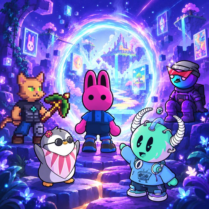 A colorful digital illustration featuring a group of stylized cartoon characters (including a pink rabbit-like figure in overalls, a cat with a pixelated pickaxe, a penguin, and a teal horned character) standing before a glowing portal in a fantasy landscape.