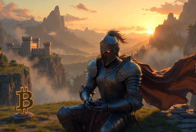 A knight in ornate armor rests on a clifftop overlooking a misty mountain fortress at sunrise, with a glowing Bitcoin (₿) symbol beside him—visually tying the post's "Good Morning Knights" and Wednesday hustle theme to a stoic, battle-ready crypto warrior ready to tackle the day.