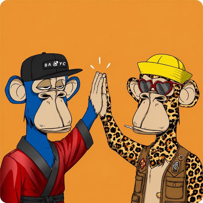 The image features two cartoon monkeys wearing hats, one with a black cap and the other with a yellow hat. They are standing next to each other, giving each other high fives while smiling. The background of the image is orange, which complements the overall theme of the picture. The caption below the image reads: "2 of my absolute favorite people in this space @NGBxShpend and @HodlrCollective rocking @yugalabs badges is absolutely magical! I love it!".