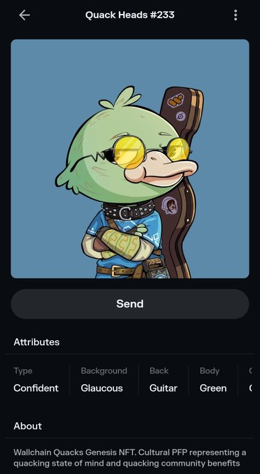 Mobile app screen displaying a Quack Heads #233 NFT, featuring a green cartoon duck with yellow sunglasses, a studded collar, and a guitar, with attributes listed as Confident type, Glaucous background, Guitar back, and Green body.