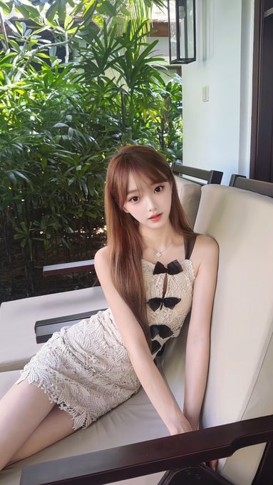 A young woman with long brown hair wearing a white lace dress with black bows sits on a cushioned chair with greenery in the background.
