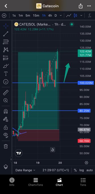 A mobile trading app screenshot showing the CATE/SOL chart on CATEcoin, with a price around 122.42M and an upward trend indicated by a green arrow.