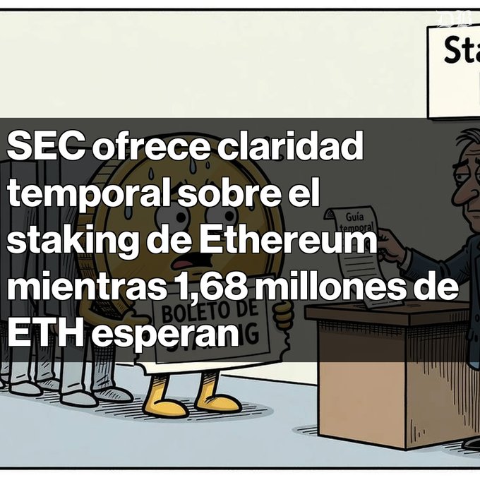 A cartoon meme of a sweating coin character labeled 'BOLETO DE IG' holding a paper, with text 'SEC ofrece claridad temporal sobre el staking de Ethereum mientras 1,68 millones de ETH esperan'.